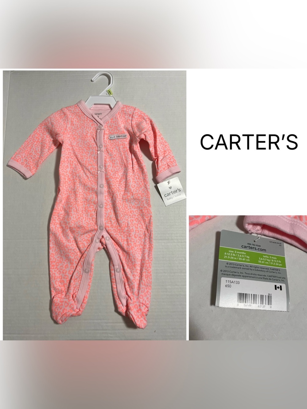 CARTER’S - 3M - NWT - INFANT GIRLS CORAL PINK LEOPARD CAT SLEEPER